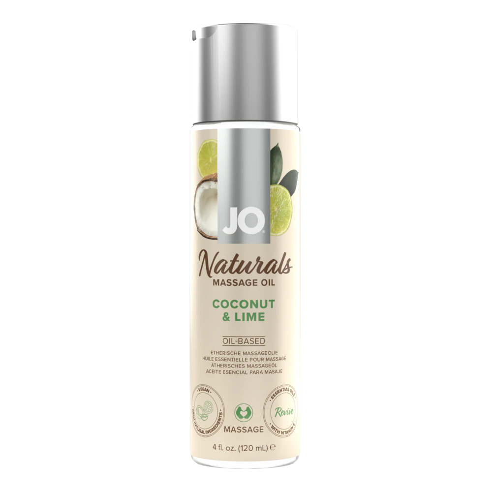 JO Naturals Coconut & Lime massage oil in a bottle with lime and coconut imagery.