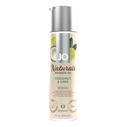 JO Naturals Coconut & Lime massage oil in a bottle with lime and coconut imagery.