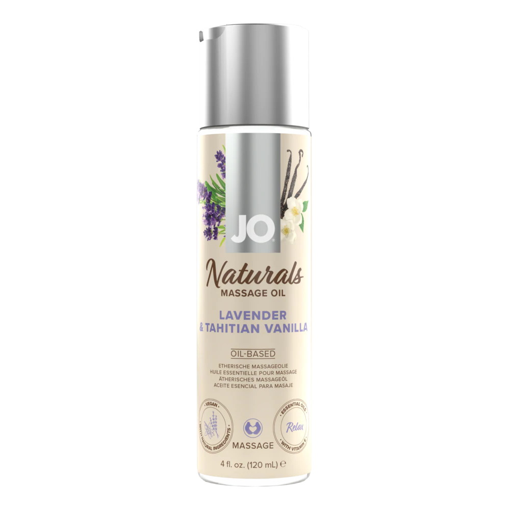 JO Naturals Lavender & Tahitian Vanilla massage oil bottle.