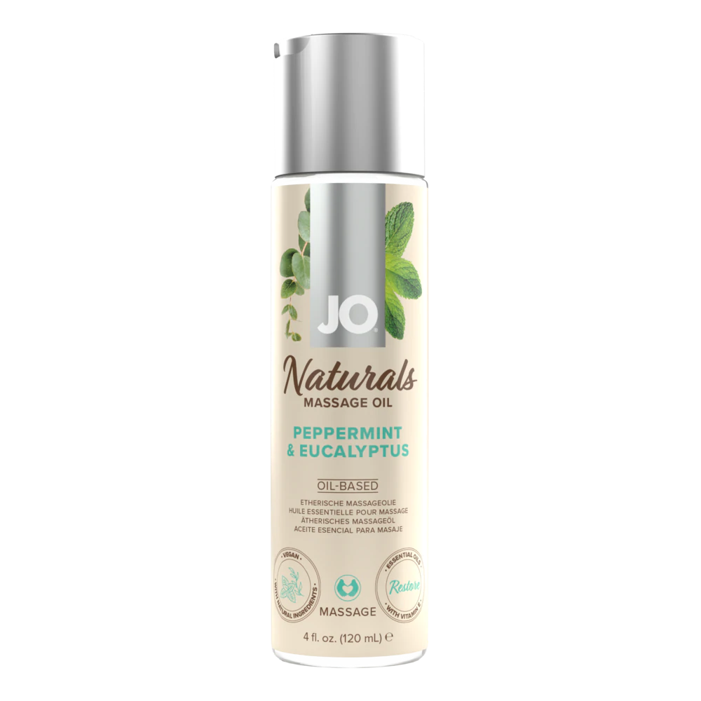 JO Naturals Peppermint & Eucalyptus massage oil in a 4oz bottle.