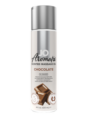 JO Aromatix Chocolate Scented Massage Oil in a white bottle with a silver cap.