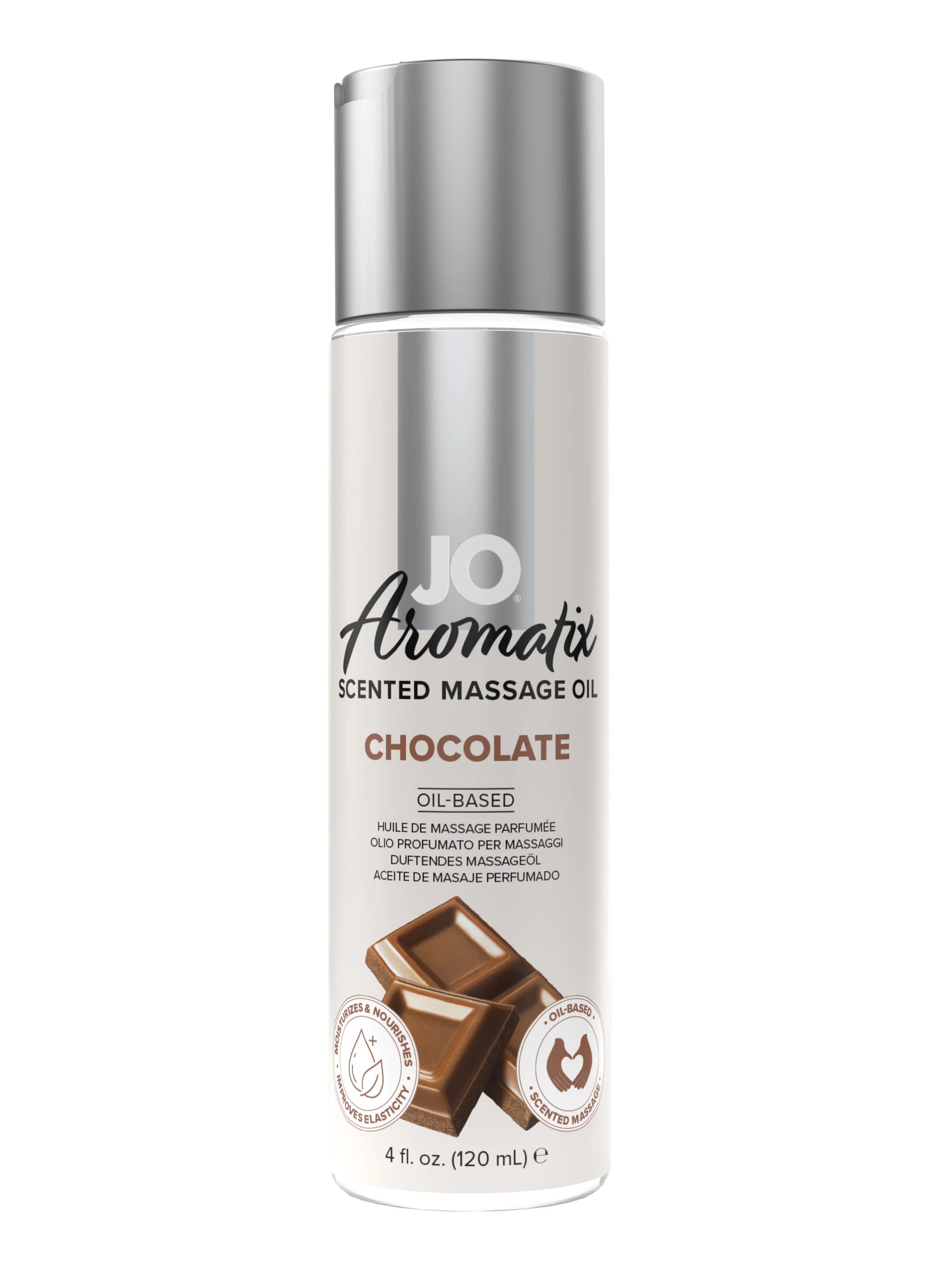 JO Aromatix Chocolate Scented Massage Oil in a white bottle with a silver cap.