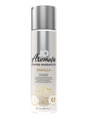JO Aromatix Vanilla Scented Massage Oil in a white bottle with a silver cap.