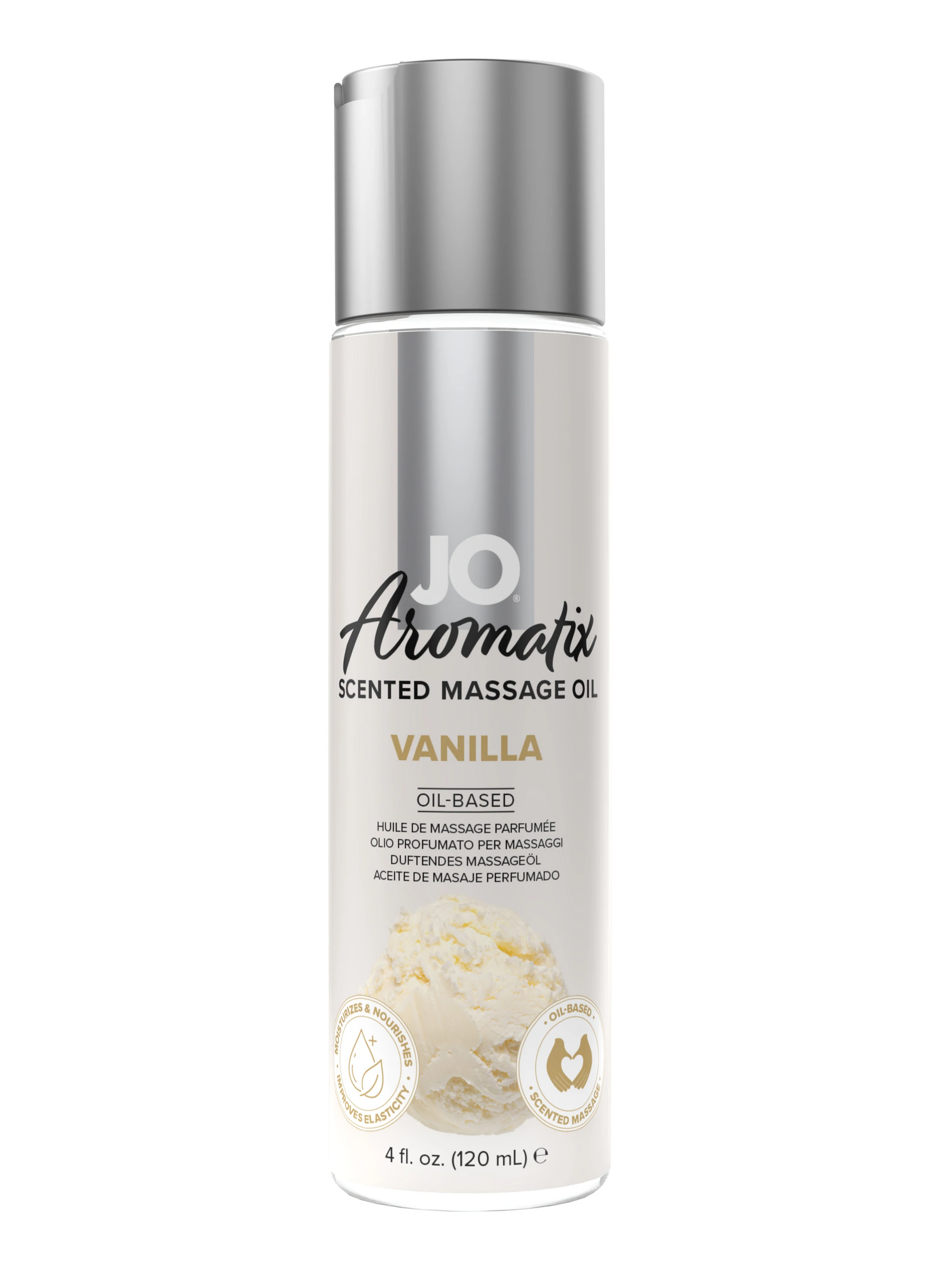 JO Aromatix Vanilla Scented Massage Oil in a white bottle with a silver cap.