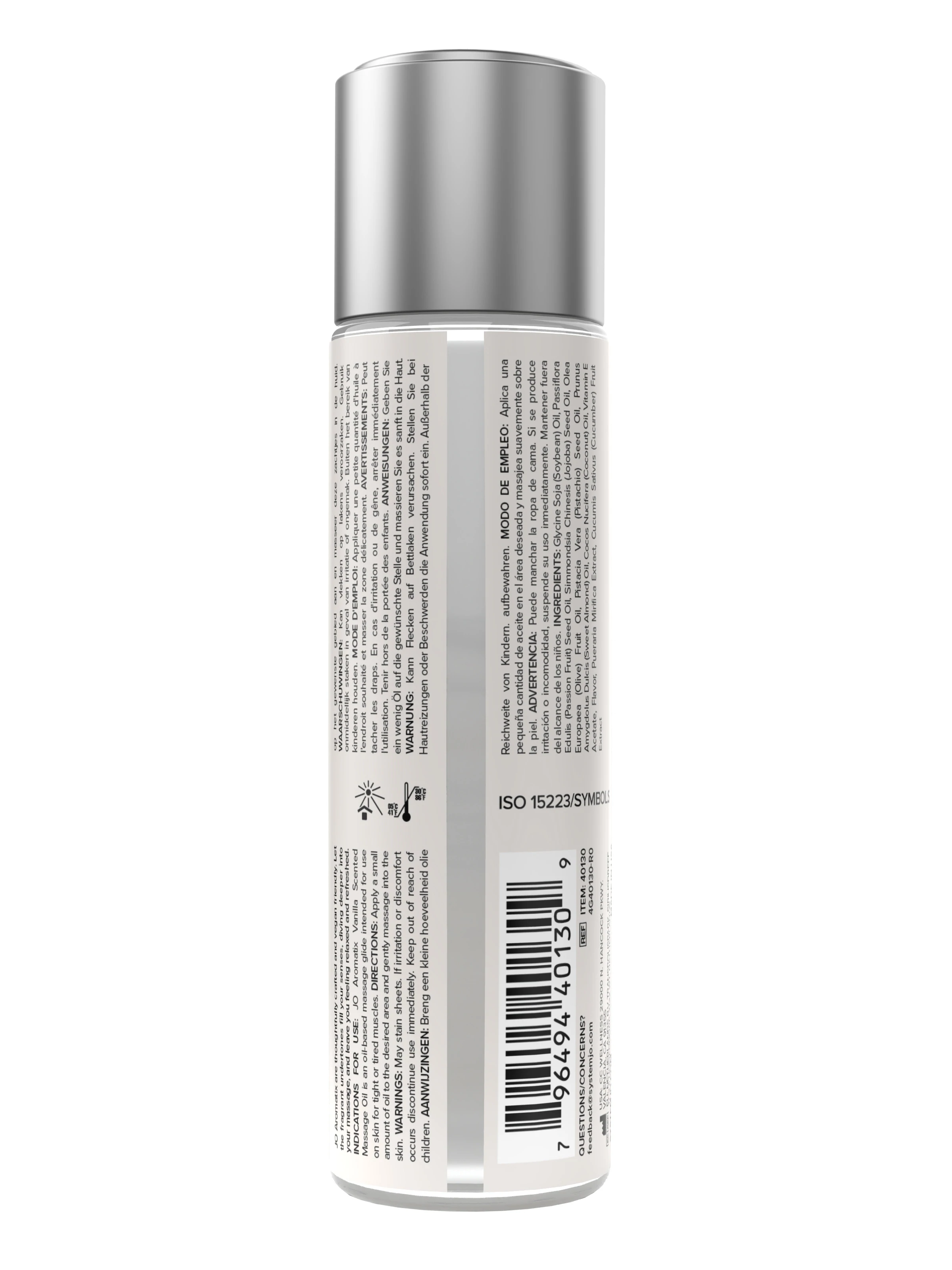 JO Aromatix Vanilla Scented Massage Oil bottle with text and barcode.