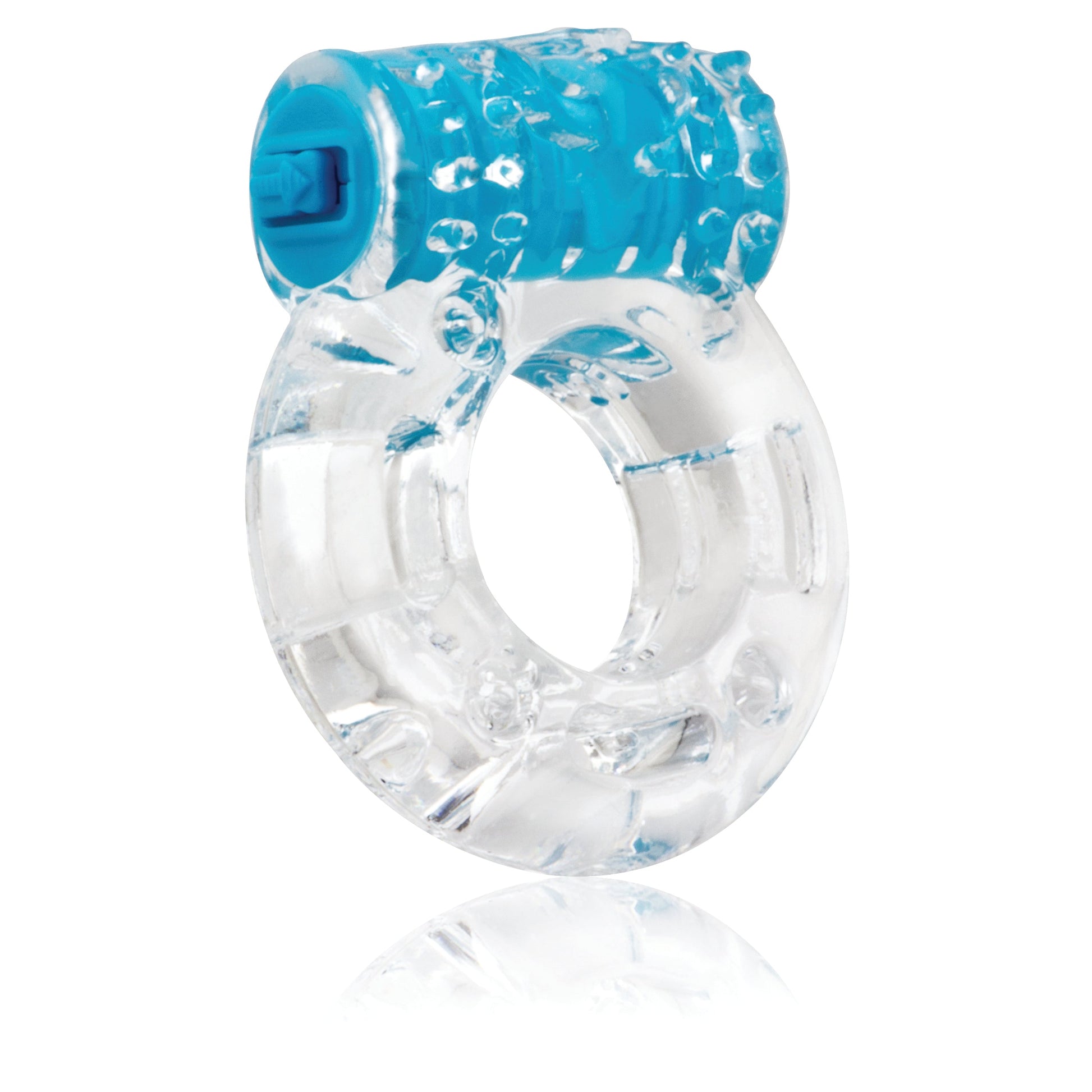 Blue vibrating cock ring with clitoral stimulator.