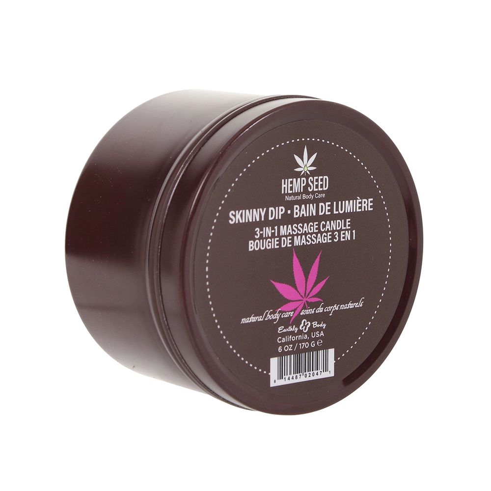 Hemp Seed Skinny Dip 3-in-1 massage candle in a brown tin.