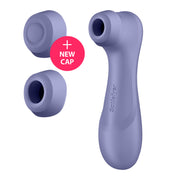 Satisfyer Pro 2 Generation 3 clitoral vibrator in lilac with two interchangeable caps.