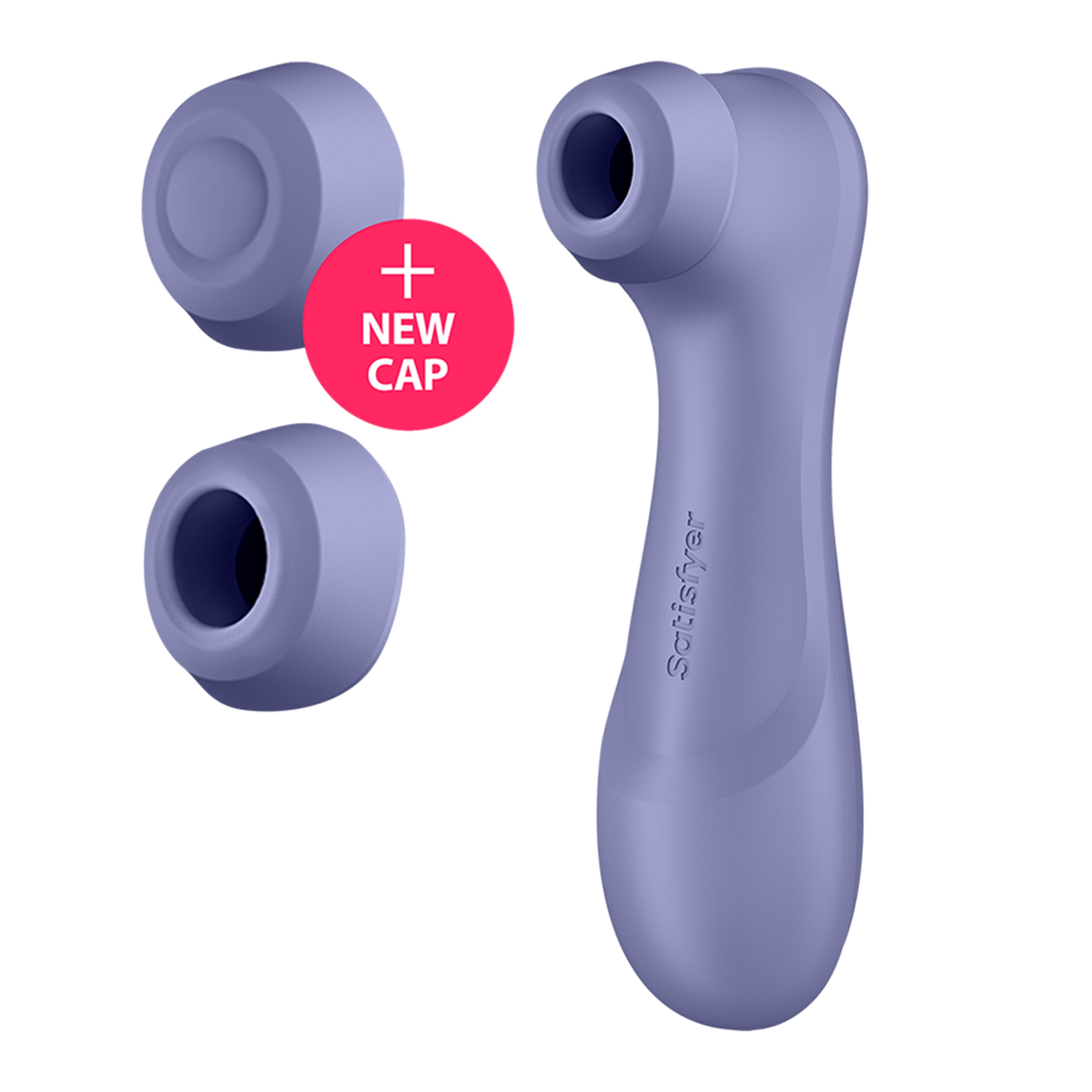 Satisfyer Pro 2 Generation 3 clitoral vibrator in lilac with two interchangeable caps.