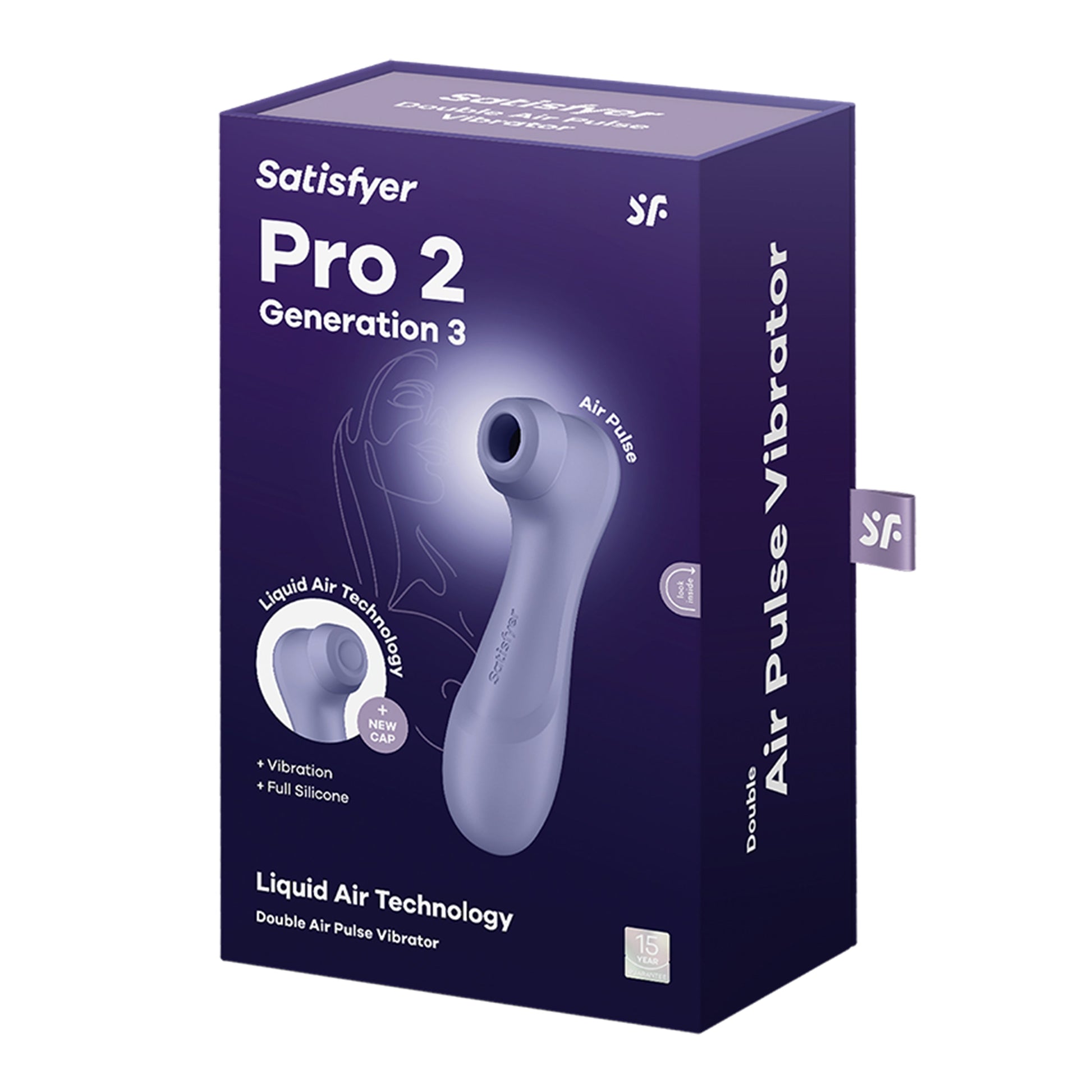 Satisfyer Pro 2 Generation 3 lilac clitoral air pulse vibrator on box.