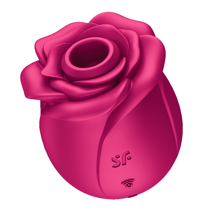 Pink rose-shaped clitoral air pulse vibrator with textured markings.