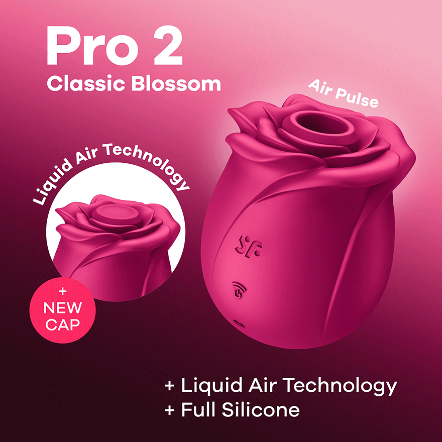 Satisfyer Pro 2 Classic Blossom air pulse vibrator in pink rose design.