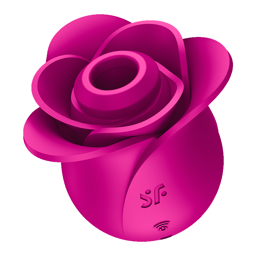A pink rose-shaped clitoral vibrator with textured petals and a central opening.
