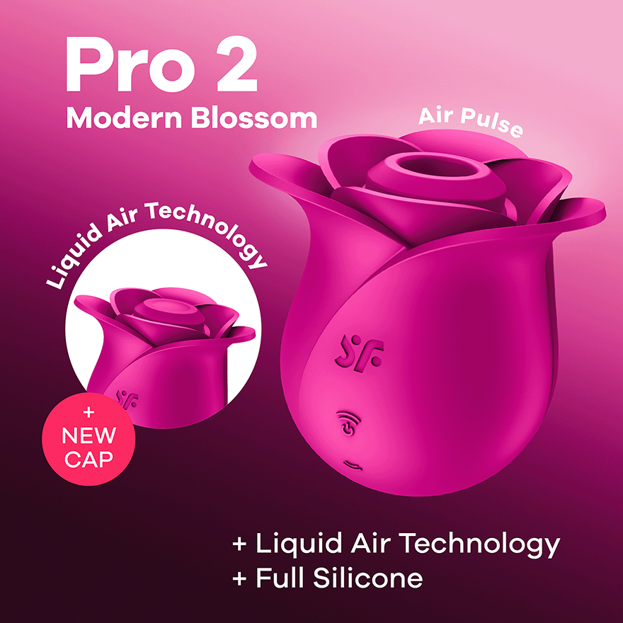 A pink rose-shaped clitoral vibrator with Air Pulse and Liquid Air Technology.