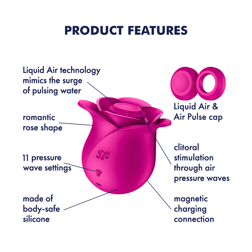 A pink rose-shaped clitoral vibrator with Air Pulse technology and 11 settings.