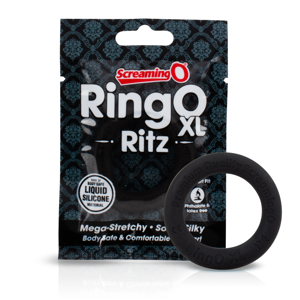 A black liquid silicone cock ring with "Screaming O Ring O Ritz XL" text.