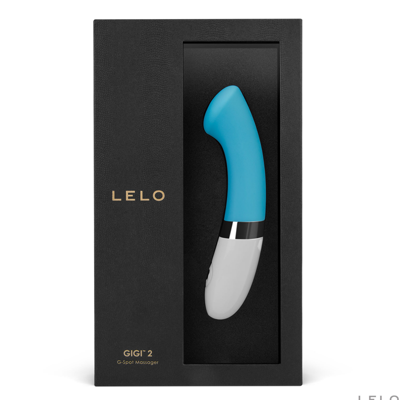 Blue LELO Gigi 2 G-spot vibrator in black box, waterproof silicone.