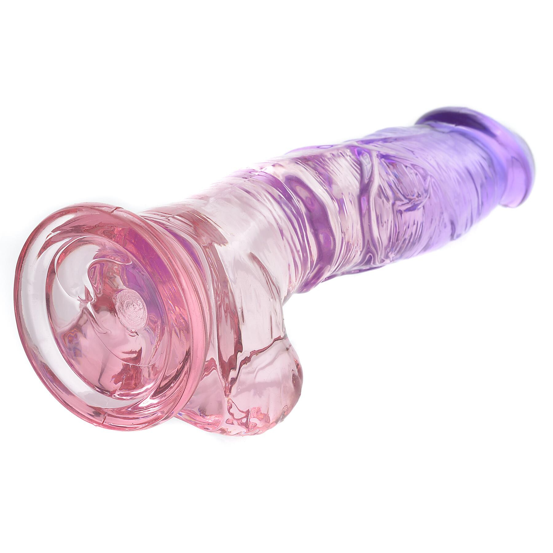 Realistic 8.5-inch suction cup dildo with veined texture in pink and purple.