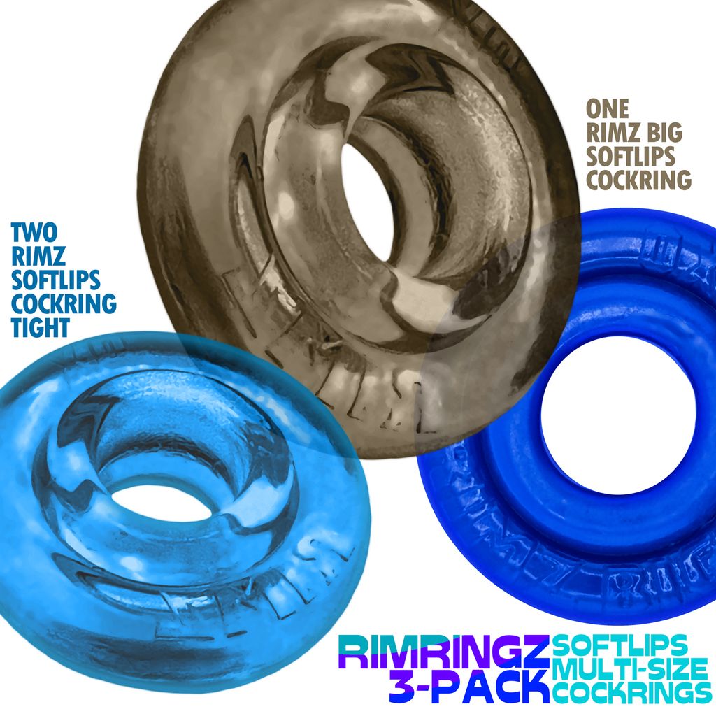 Three silicone cock rings in blue and clear colors.