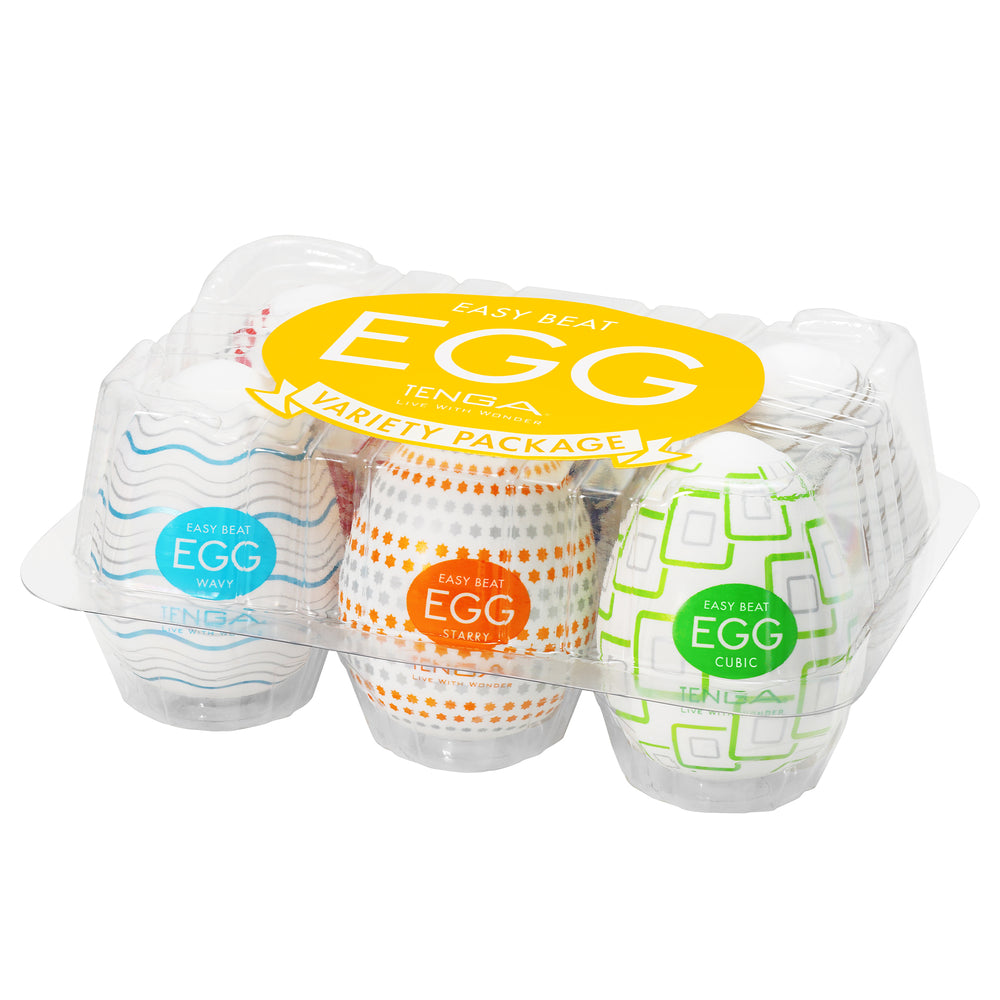 A variety pack of six Tenga Standard Egg textured strokers in a clear plastic package.