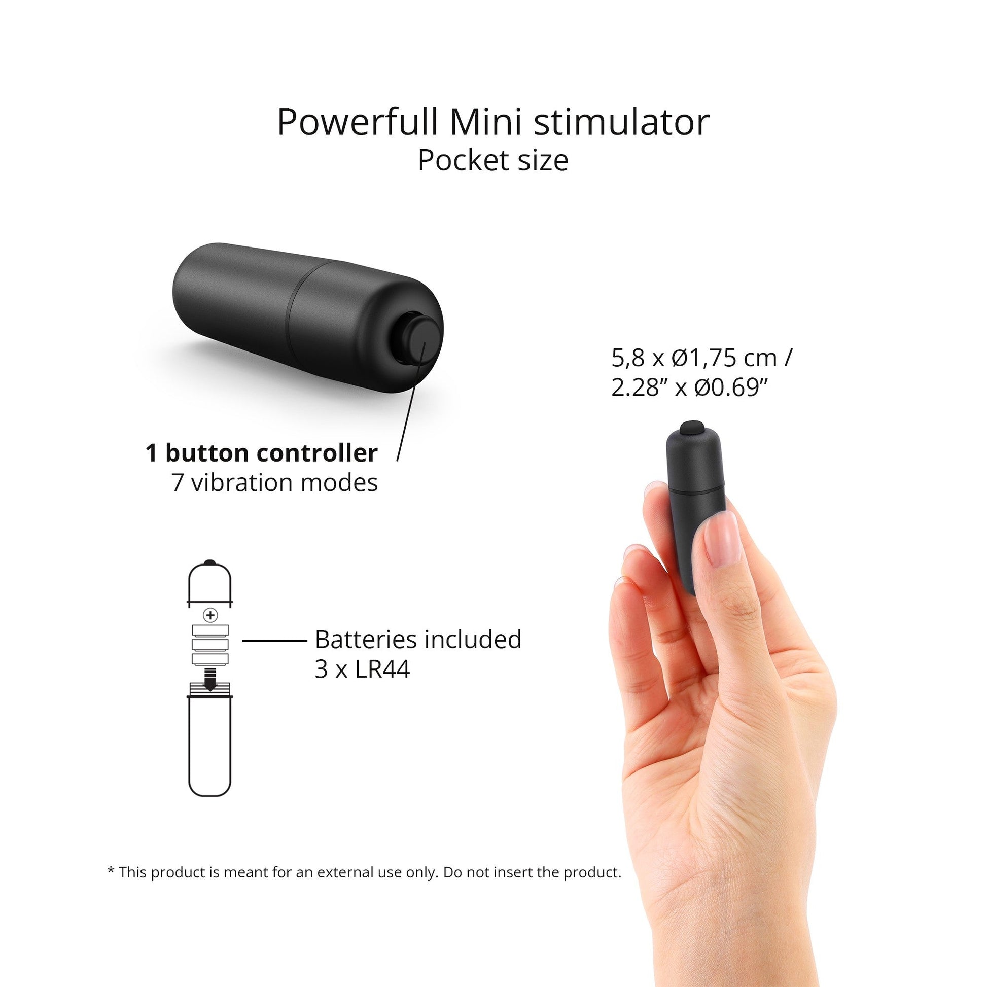 A black bullet vibrator with a single button controller and 7 vibration modes.