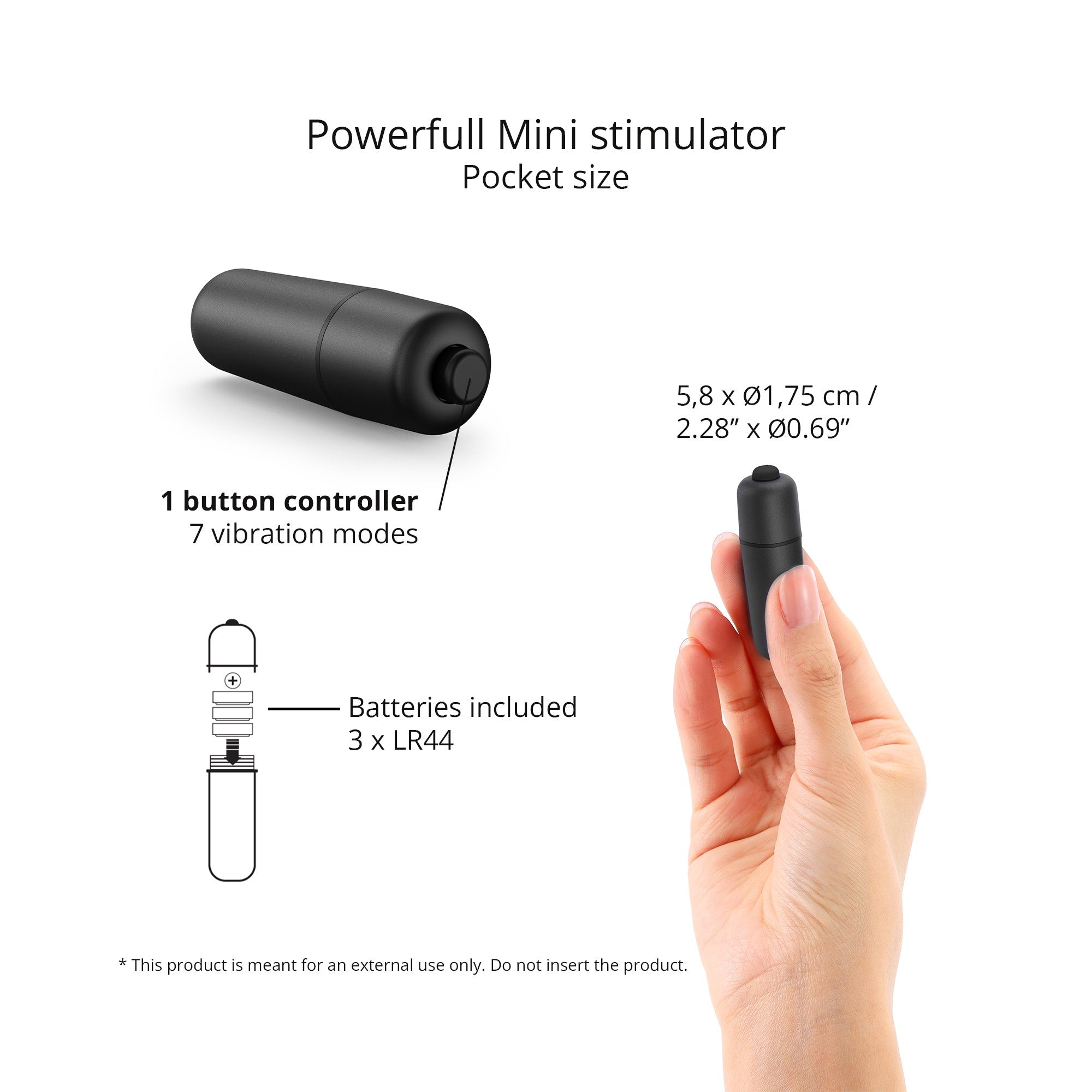A black bullet vibrator with a single button controller and 7 vibration modes.