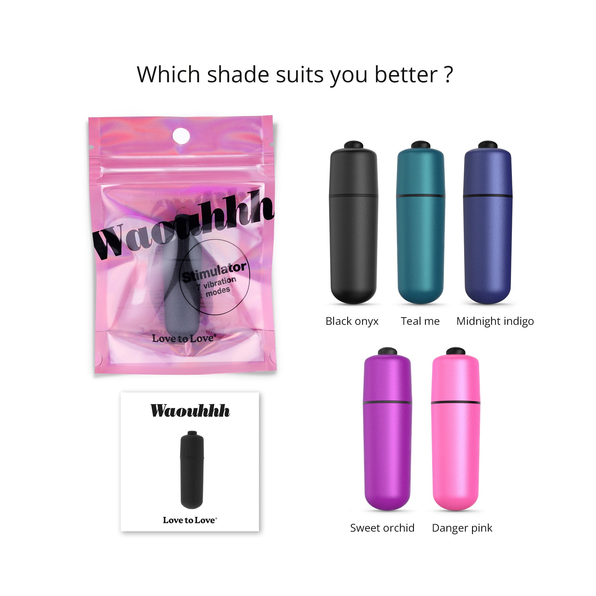 Waouhhh bullet vibrator in black, teal, indigo, orchid, and pink.