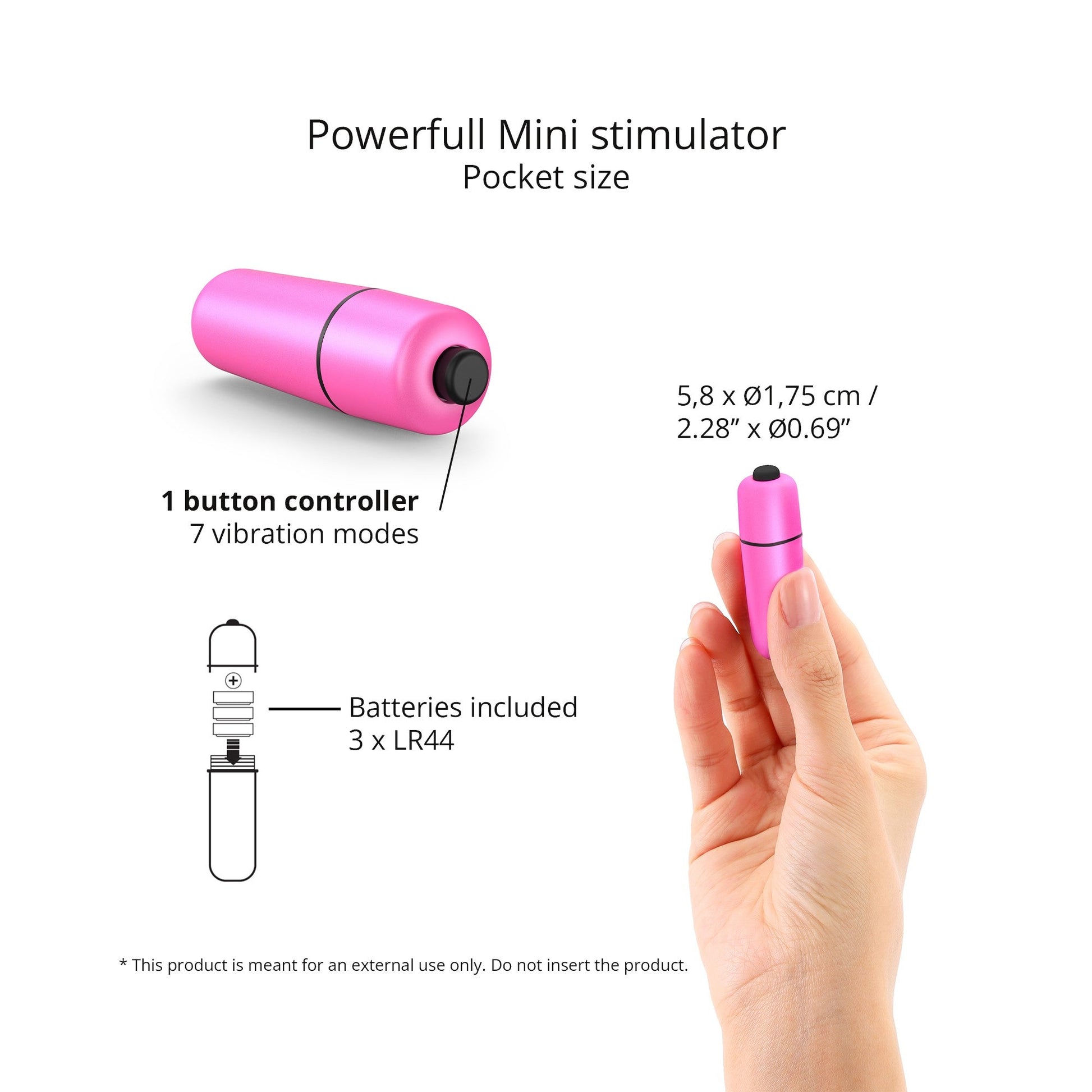 Pink bullet vibrator with 1 button controller and 7 vibration modes.