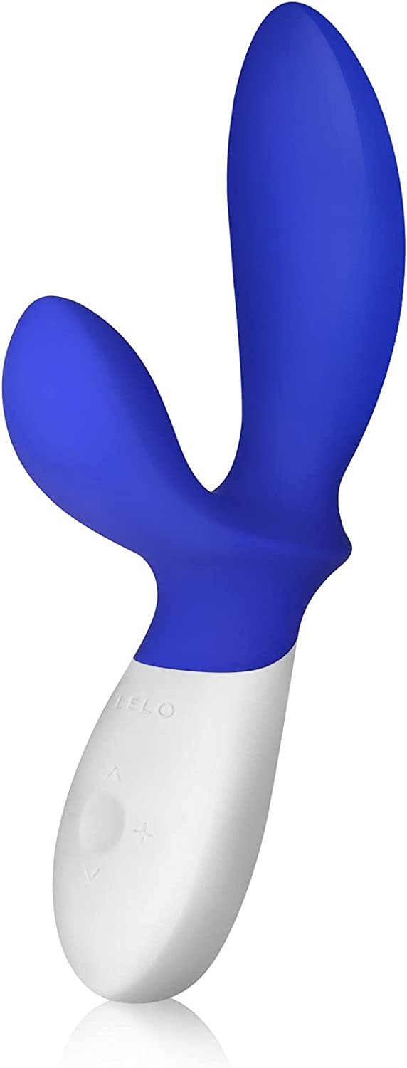 A blue and white Lelo Loki Wave prostate stimulator.