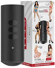 Black Titan interactive male stroker with touch-sensitive vibration.