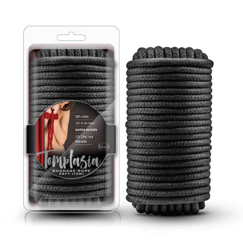 A 32ft black cotton bondage rope in packaging and unwrapped.
