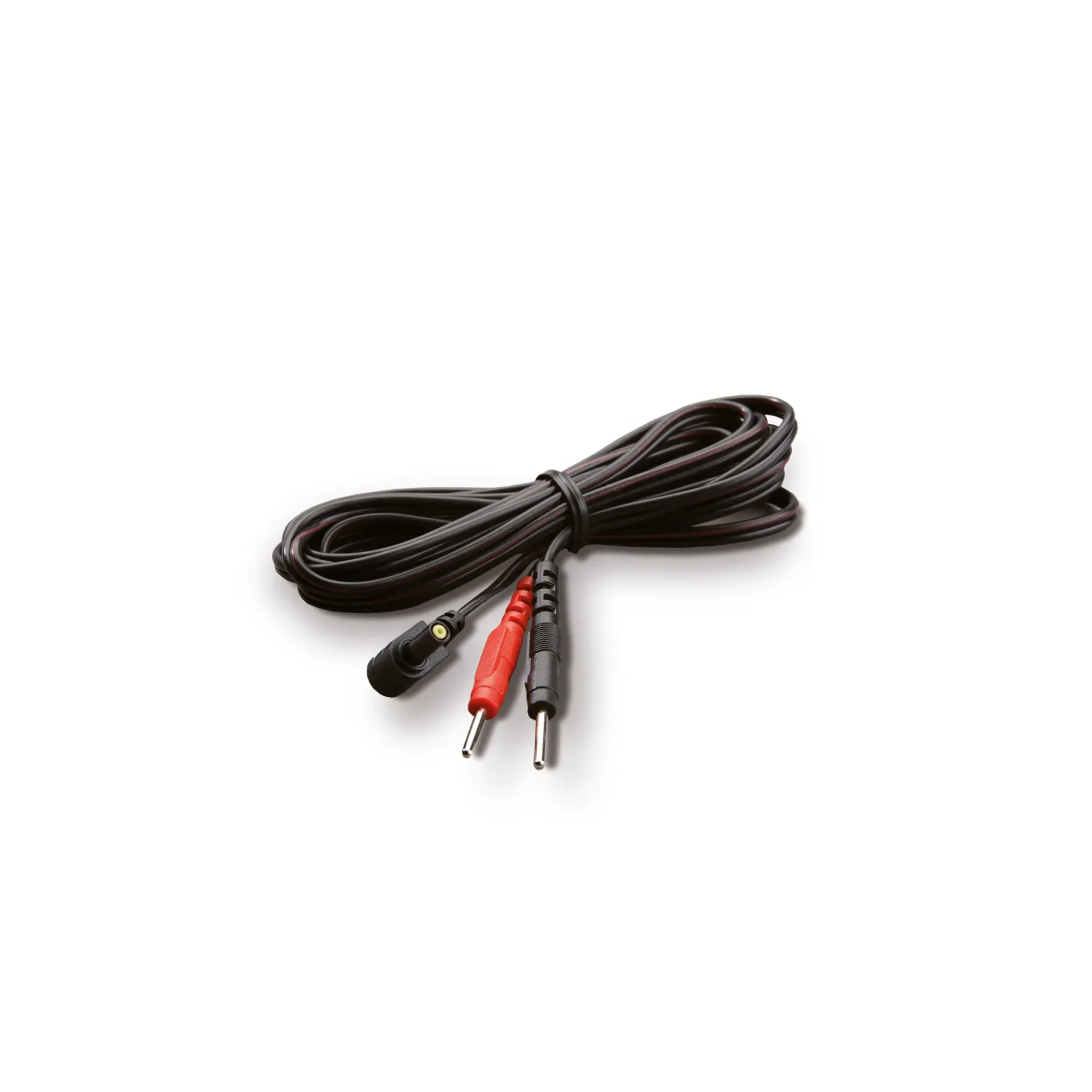A black E-stim receiver cable with red and black connectors and a small circular attachment.