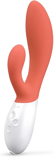 A coral and white Lelo Ina 3 rabbit vibrator with control buttons.