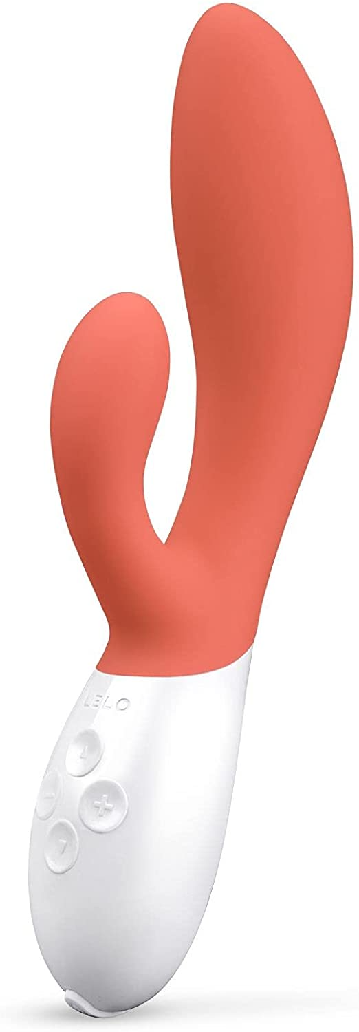 A coral and white Lelo Ina 3 rabbit vibrator with control buttons.