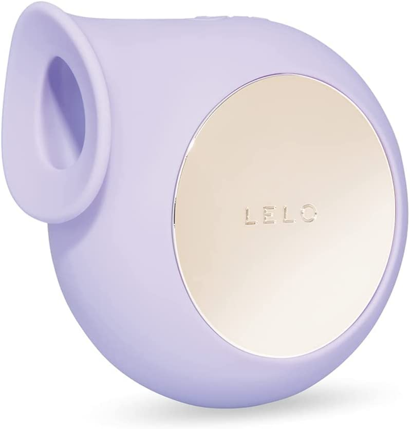 A lilac silicone clitoral massager with a gold accent and the Lelo logo.