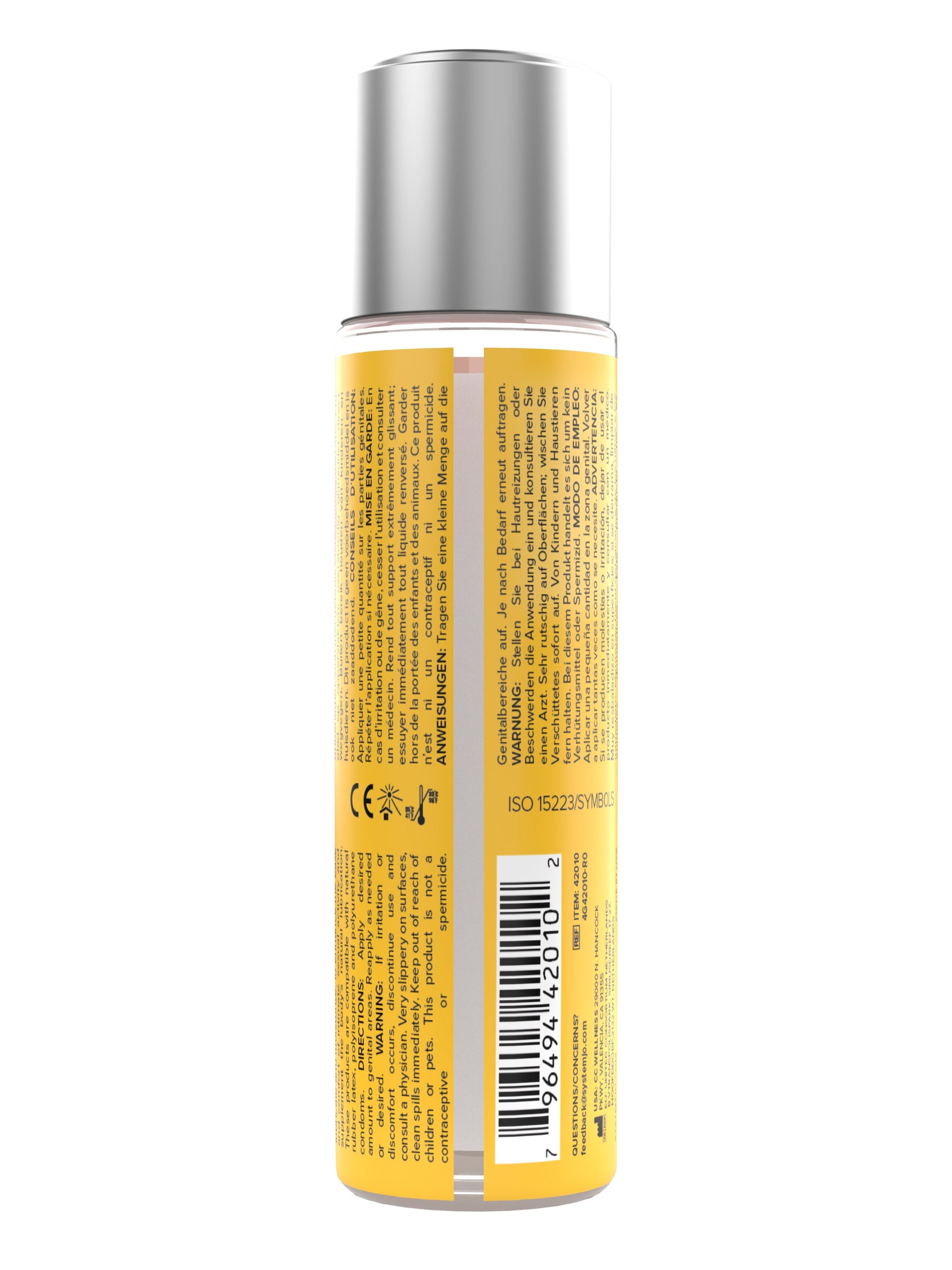 A bottle of JO Mimosa flavored water-based lubricant with usage instructions and symbols.