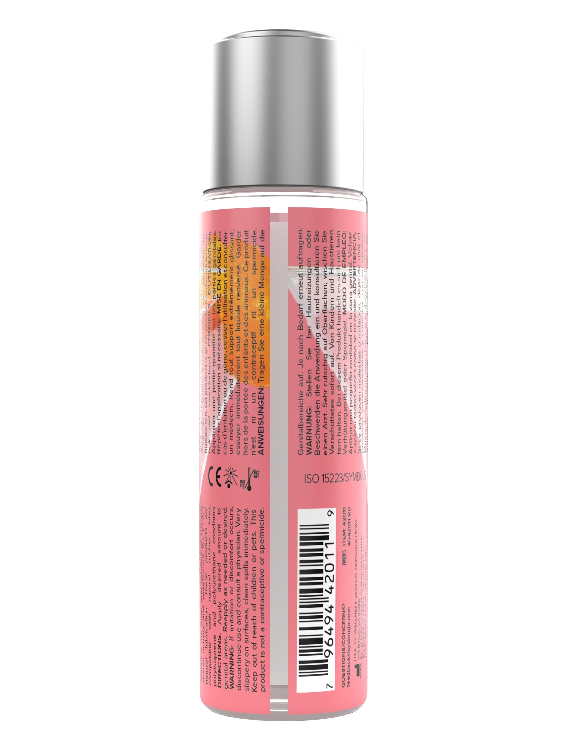 Cosmopolitan Flavored Water-Based Lubricant bottle with multi-language text and barcode.