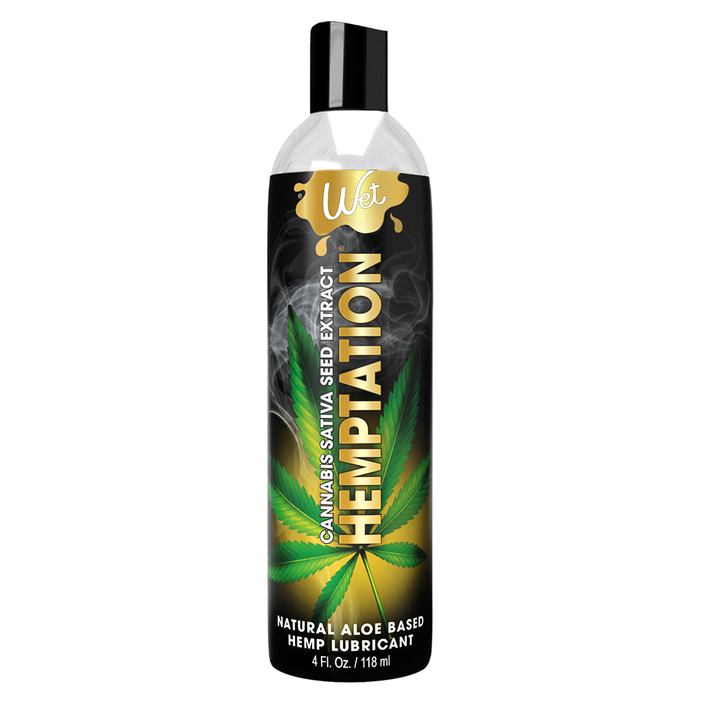 Wet Hemptation aloe-based cannabis sativa seed lubricant in a 4 oz bottle.
