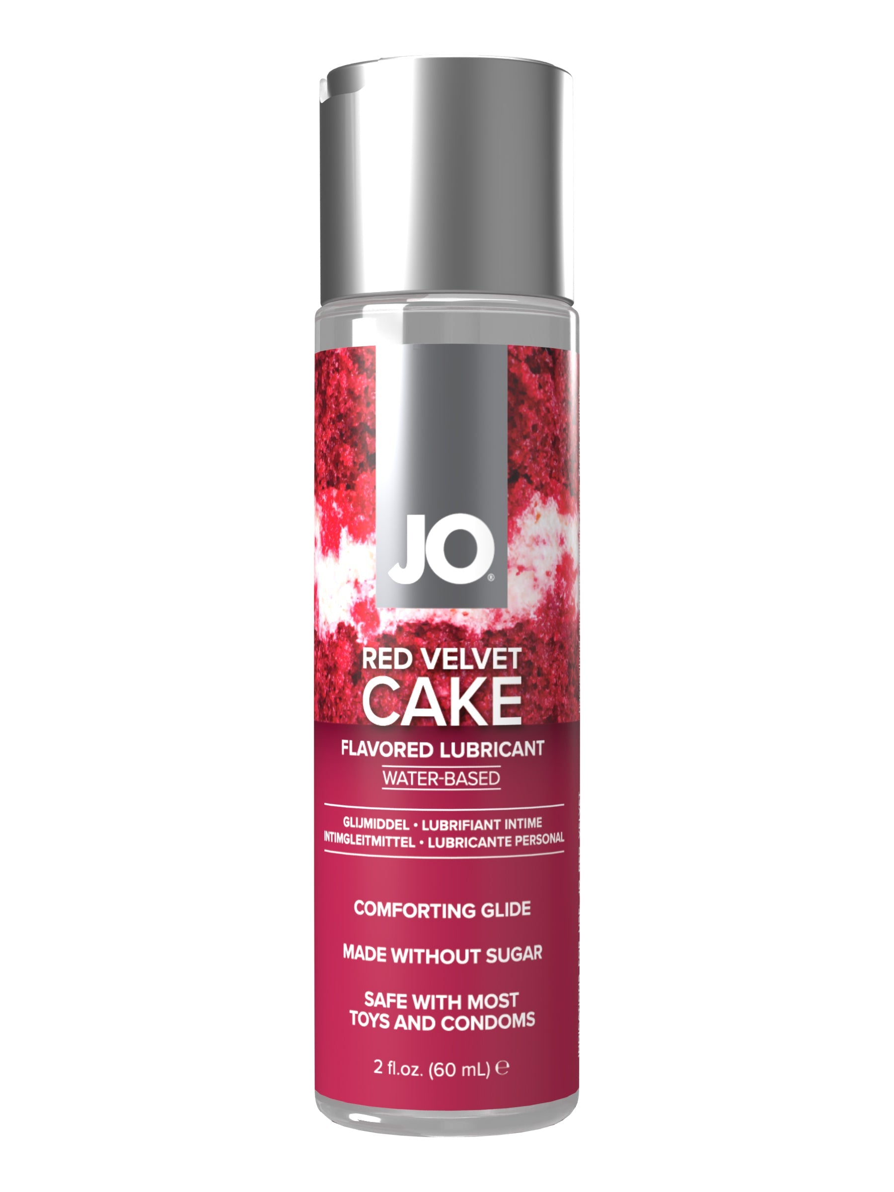 JO Red Velvet Cake flavored water-based lubricant in a 2 fl oz bottle.