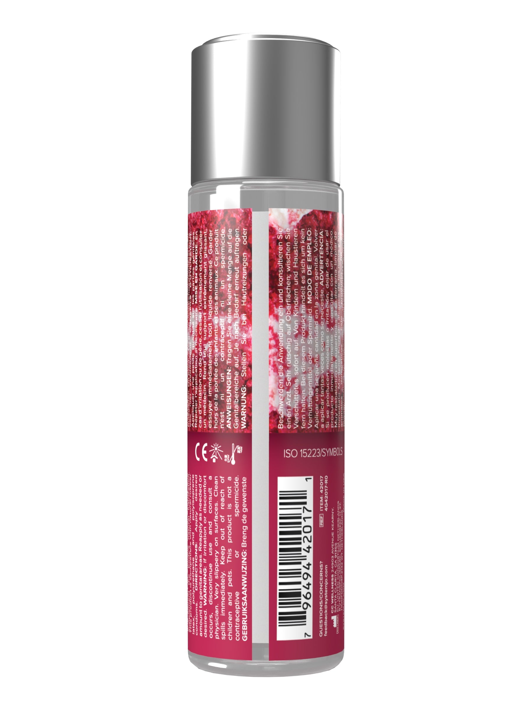 A clear bottle of red velvet cake flavored water-based lubricant with a silver cap.