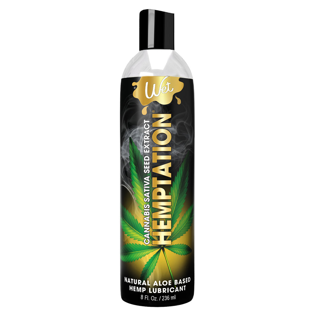 Wet Hemptation personal lubricant bottle with cannabis seed extract and aloe.