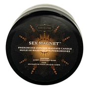 Pheromone infused leather massage candle with text.