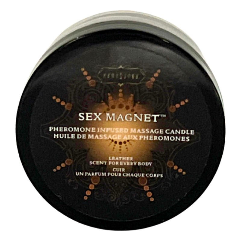 Pheromone infused leather massage candle with text.