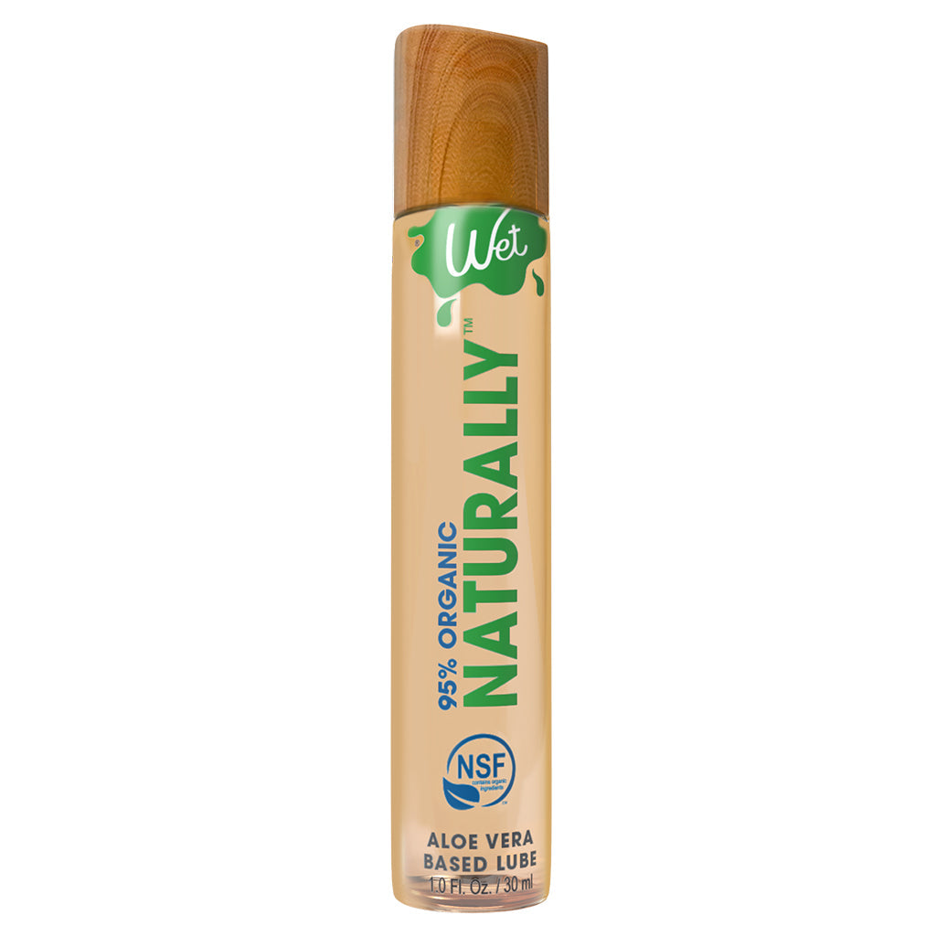 Wet Organic Aloe Vera Personal Lubricant bottle with a wooden cap.