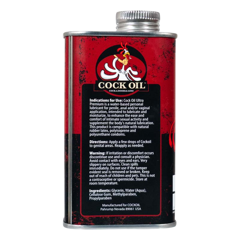 A 9 oz metal can of Cock Oil water-based lubricant with product information.