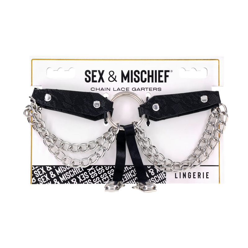 Black faux leather chain lace garters with metal ring and clips.