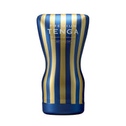 Tenga Premium Soft Case Cup male masturbator with blue and gold stripes.