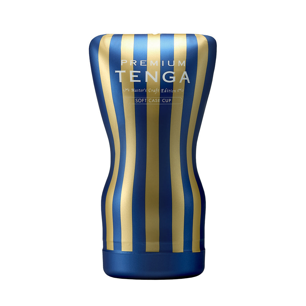 Tenga Premium Soft Case Cup male masturbator with blue and gold stripes.