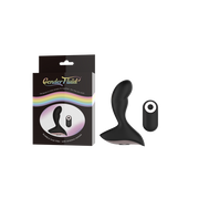 Black anal vibrator with a curved shape and a wireless remote.