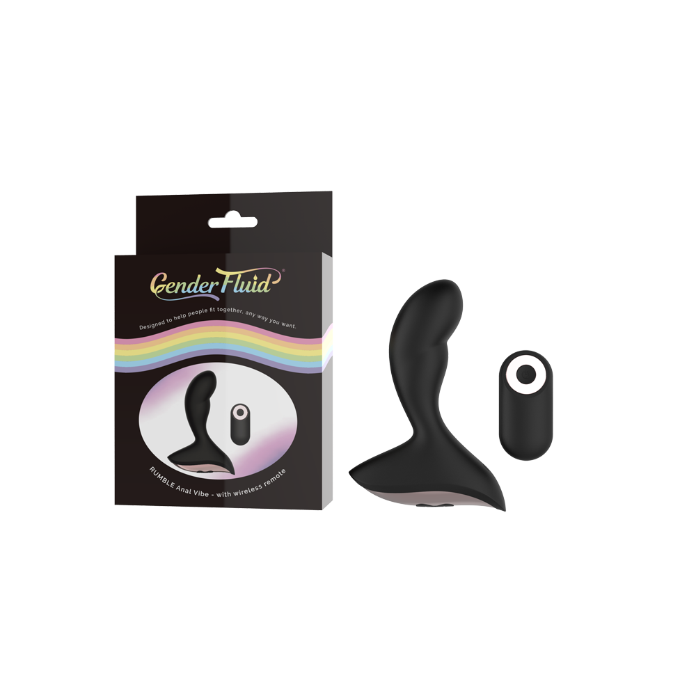 Black anal vibrator with a curved shape and a wireless remote.